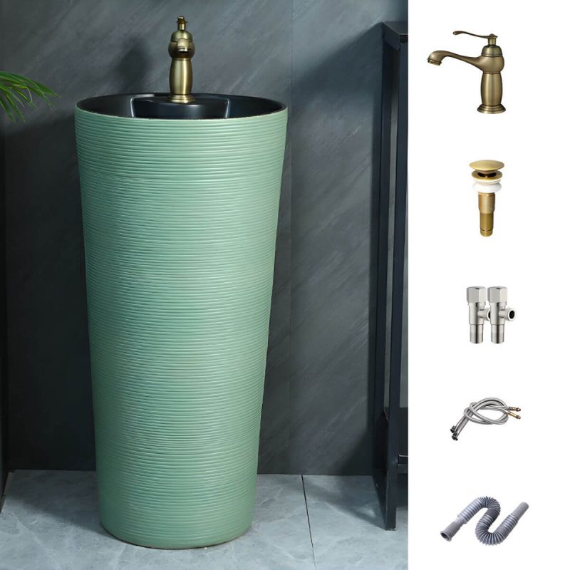 Hand Carved Bathroom Sink Freestanding Faucet Porcelain Pop-Up Drain Round - Sink with Faucet Light Green