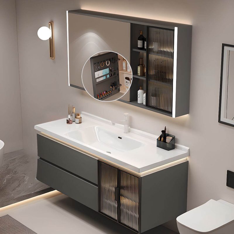 Water-resistant White Bathroom Vanity with Plug-in 1 Medicine Cabinet, Backsplash, 4 Doors and 2 Drawers, Gray, 48"L x 19"W x 20"H, Bathroom Vanity & Faucet & Smart Vanity Mirror Cabinet