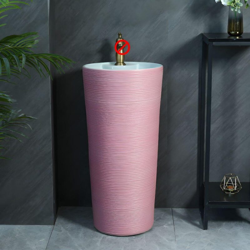 Hand Carved Bathroom Sink Freestanding Faucet Porcelain Pop-Up Drain Round - Sink Pink