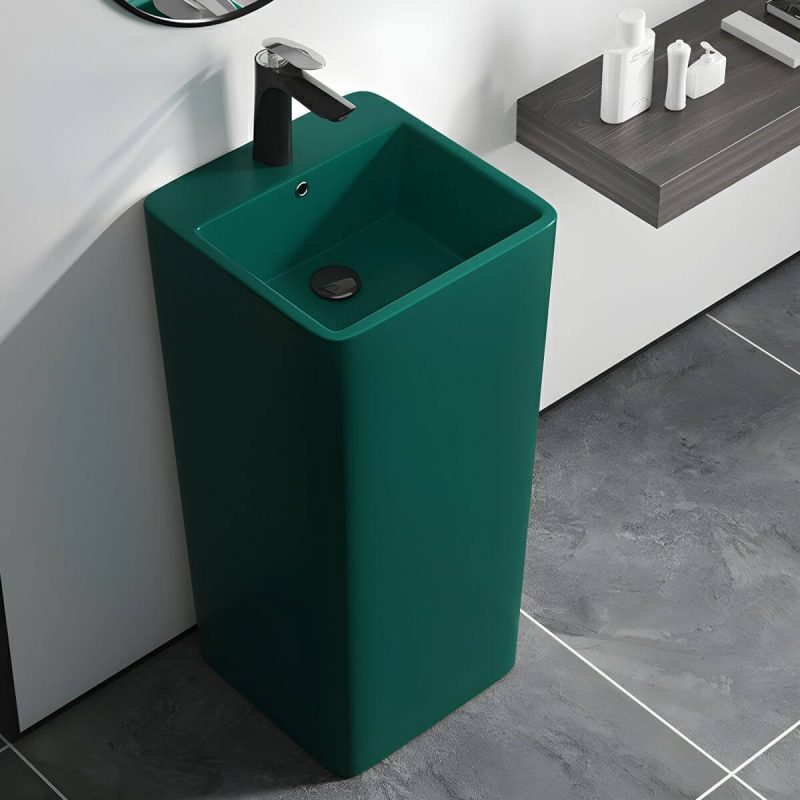69cm Modern Ceramic Rectangular Pedestal Sink with Supply Lines & Tall Height - Sink with Faucet Green