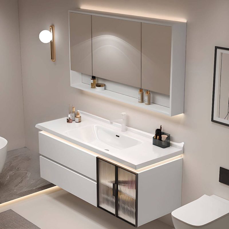 Bathroom Vanity with 5 Doors, White Base, Backsplash, 2 Drawers, Plug-in, 1 Medicine Cabinet, and Water-resistant, 48"L x 19"W x 20"H, Vanity & Faucet & Smart Half Mirror Cabinet
