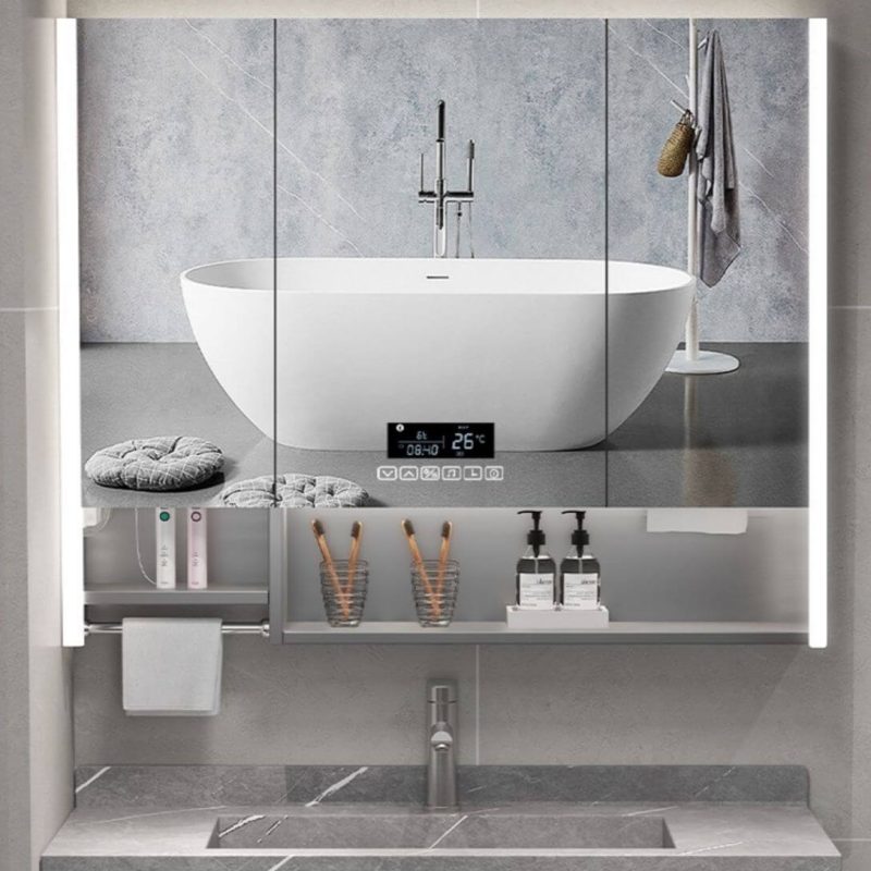 Light Gray Stainless Steel Rectangle Medicine Cabinet with USB Outlet, 8 Shelves, Illumination Light, and Hydrophobic Resistance, 47"L x 5"W x 35"H