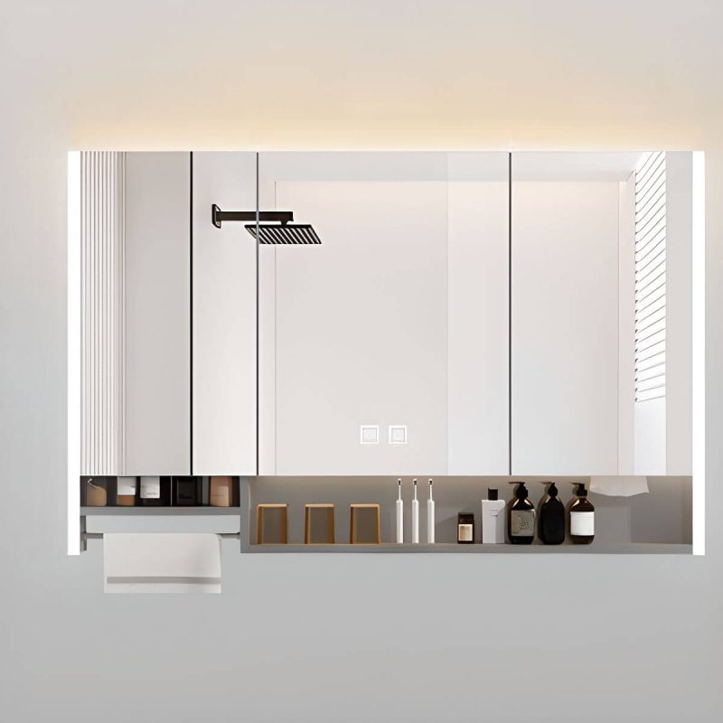 Rectangle Light Gray Stainless Steel Medicine Cabinet with 6 Shelves, USB Outlet, Rainproof, and Illumination Light, 59"L x 5"W x 35"H