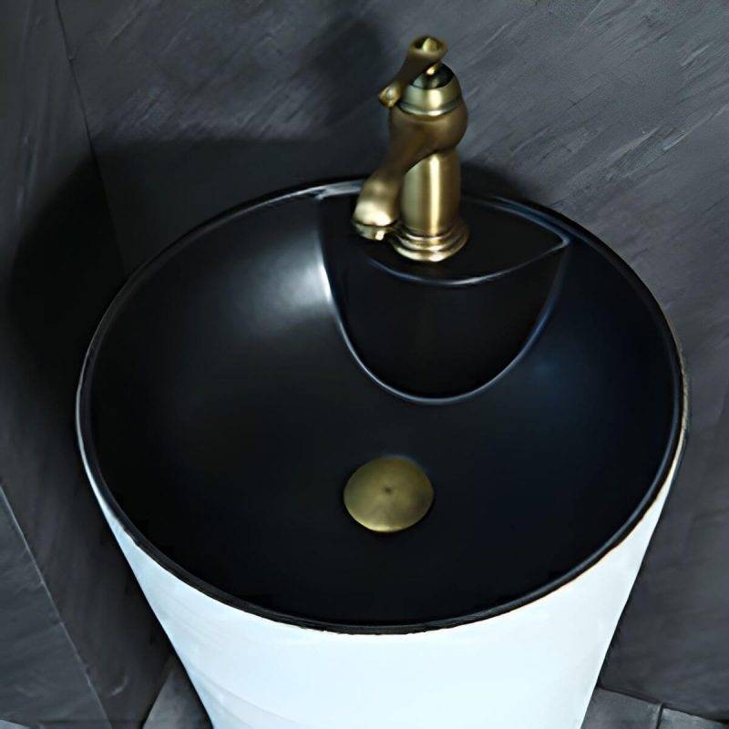 Hand Carved Bathroom Sink Freestanding Faucet Porcelain Pop-Up Drain Round - Sink Orange