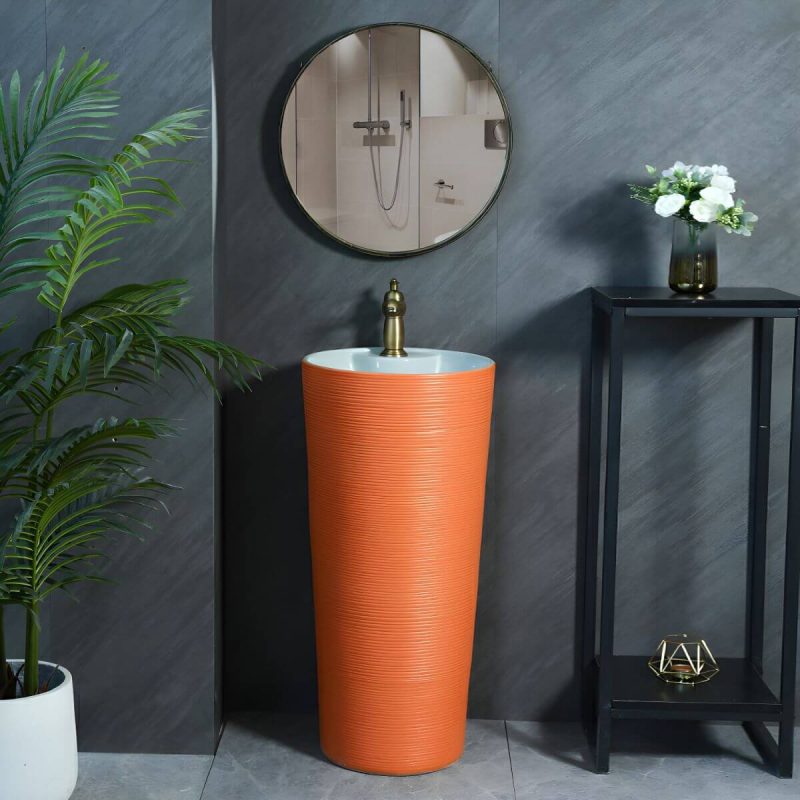 Hand Carved Bathroom Sink Freestanding Faucet Porcelain Pop-Up Drain Round - Sink with Faucet Royal Blue