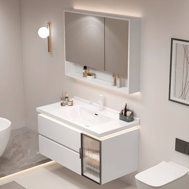 Chalk Watertight Bathroom Vanity with Soft Close Door Hinge, Plug-in 1 Medicine Cabinet, Backsplash and 2 Drawers, 28"L x 19"W x 20"H, Vanity & Faucet & Smart Half Mirror Cabinet