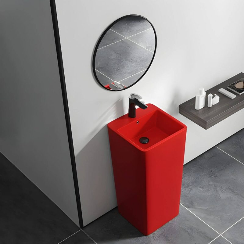 69cm Modern Ceramic Rectangular Pedestal Sink with Supply Lines & Tall Height - Sink & Faucet & Mirror Red