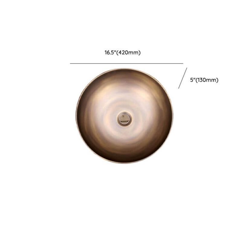 Dimension of Simple Copper Orbicular Bowl Sink with Center Trapway, 17"L x 17"W x 5"H, Antique Brass