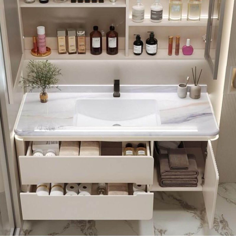 Moisture-proof Stone Bathroom Vanity with Plug-in 1 Medicine Cabinet, Ivory 2 Drawers and Soft Close Door Hinge, 31"L x 20"W x 19"H, Bathroom Vanity & Faucet & Smart Mirror Cabinet with Glass Door