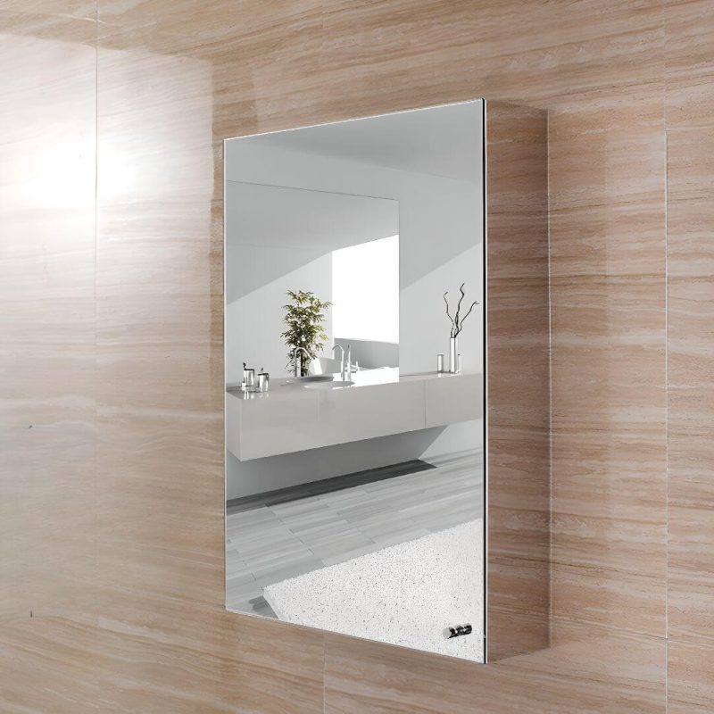 Modern Steel Rectangle Medicine Cabinet in Silver with 3 Shelves, Specular Mirror & Rainproof, 18"L x 5"W x 26"H, Left-Hand Door