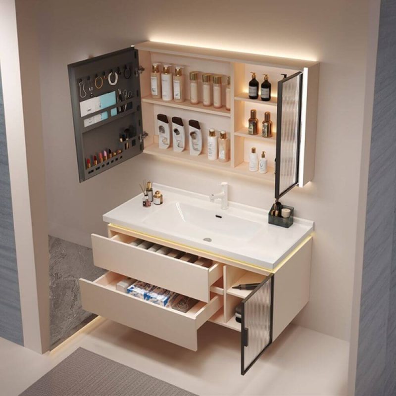 Chalk Backsplash Bathroom Vanity with Plug-in 1 Medicine Cabinet, 4 Doors, Chalk Faucet and 2 Drawers, 48"L x 19"W x 20"H, Bathroom Vanity & Faucet & Smart Vanity Mirror Cabinet, Cream