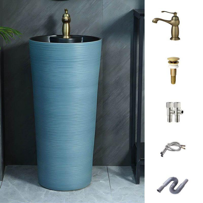 Hand Carved Bathroom Sink Freestanding Faucet Porcelain Pop-Up Drain Round - Sink with Faucet Blue