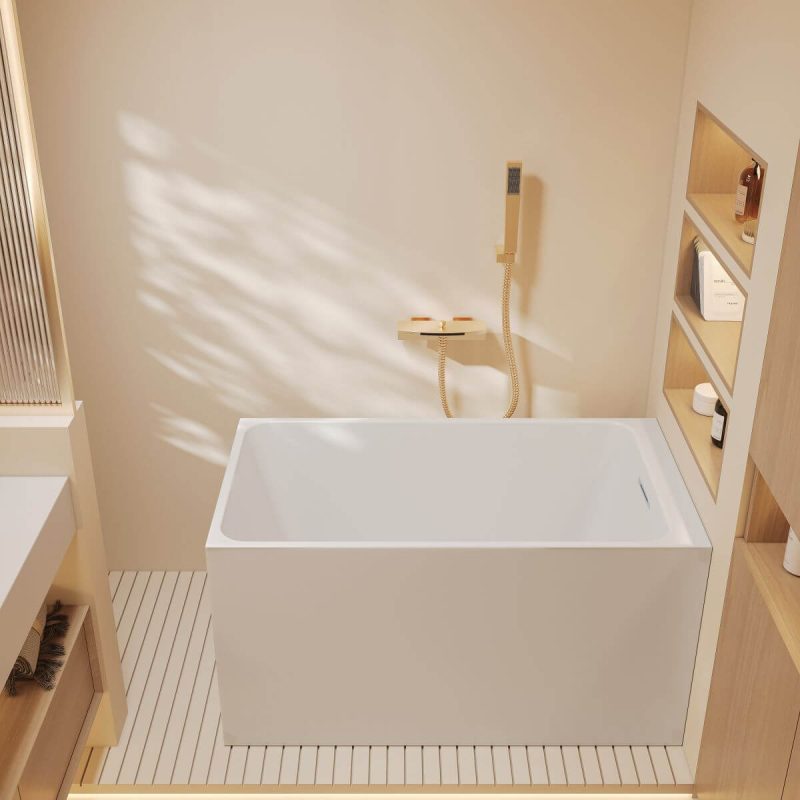 Alcove Bathtub, Overflow Hole, Rectangle Shape, Casual Style, White Color, Back to Wall Design, Polymer Material, Soaking Therapy, 59"L x 26"W x 25"H