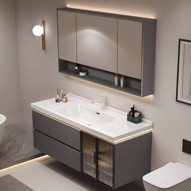 Watertight Chalk Bathroom Vanity with Plug-in 1 Medicine Cabinet, Backsplash, 5 Doors and 2 Drawers, Gray, 48"L x 19"W x 20"H, Vanity & Faucet & Smart Half Mirror Cabinet