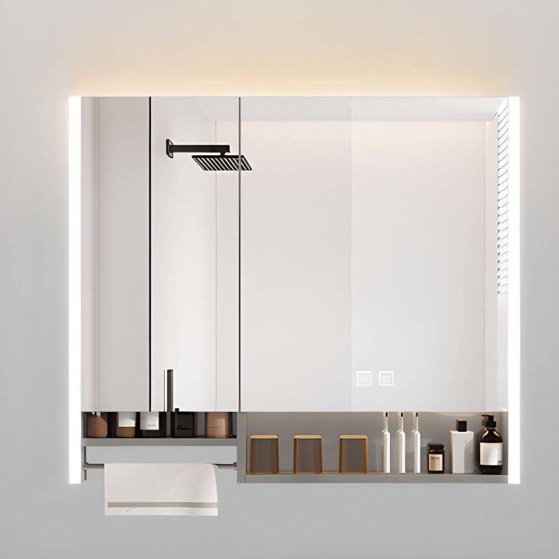Rectangle Light Gray Stainless Steel Medicine Cabinet with 6 Shelves, USB Outlet, Rainproof, and Illumination Light, 31"L x 5"W x 35"H