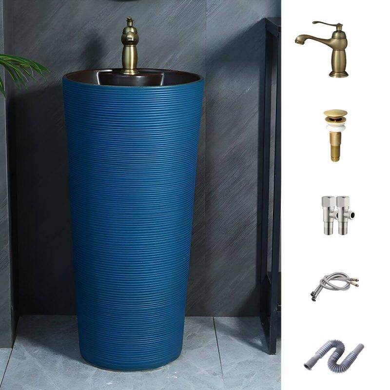 Hand Carved Bathroom Sink Freestanding Faucet Porcelain Pop-Up Drain Round - Sink with Faucet Royal Blue