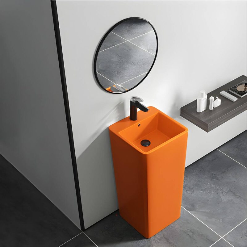 69cm Modern Ceramic Rectangular Pedestal Sink with Supply Lines & Tall Height - Sink & Faucet & Mirror Orange