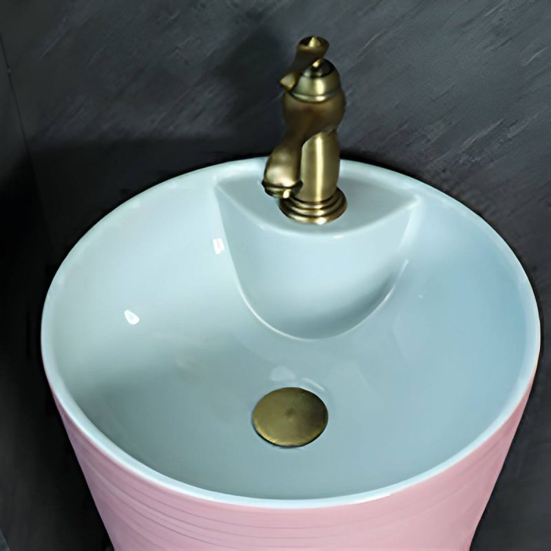 Hand Carved Bathroom Sink Freestanding Faucet Porcelain Pop-Up Drain Round - Sink Light Green