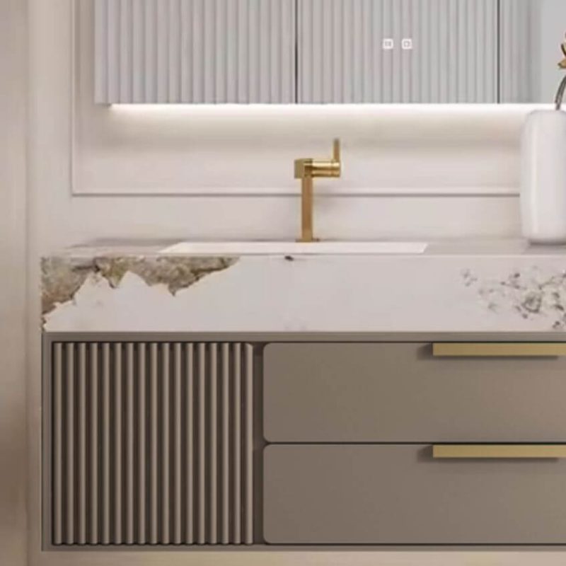 Gold Faucet Bathroom Vanity with White Top & 5 Doors & Stone Countertop & Cabinet Hardware & Plug-in & 1 Medicine Cabinet, Bathroom Vanity & Faucet & Smart Square Mirror, 79"L x 22"W x 20"H
