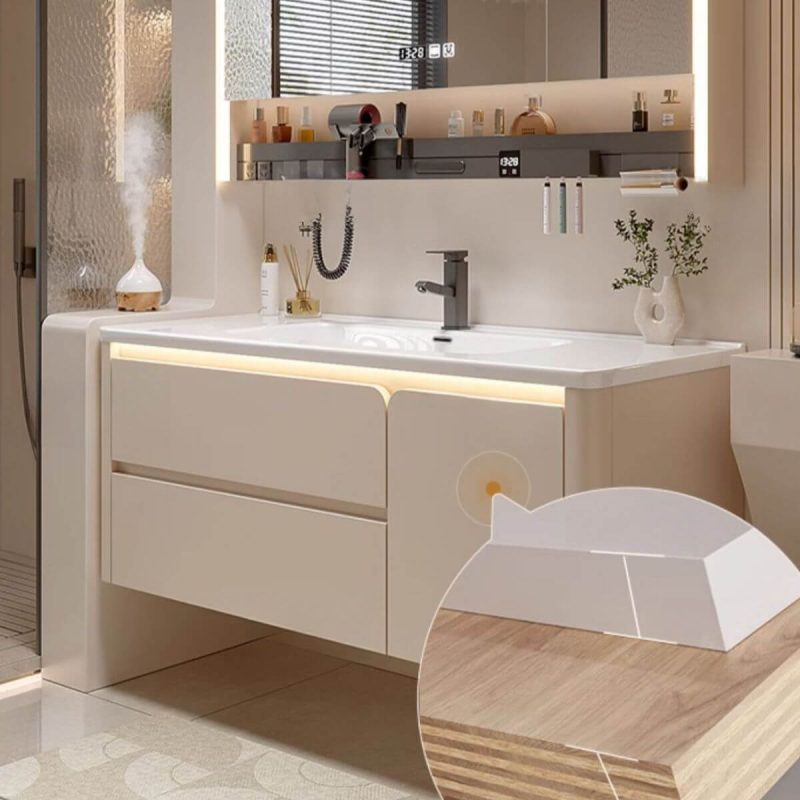 Light Gray Faucet Bathroom Vanity with 4 Doors, Beige Base, White Rectangular Ceramic Sink, and Contemporary Style, 36"L x 20"W x 19"H, Vanity Unit & Faucet & Semi-Enclosed Curved Smart Mirror Cabinet