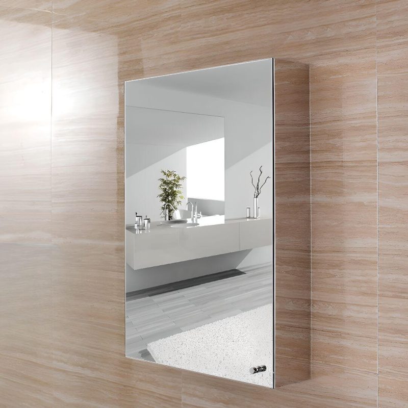 Modern Steel Rectangle Medicine Cabinet in Silver with 3 Shelves, Specular Mirror & Rainproof, 20"L x 5"W x 28"H, Left-Hand Door