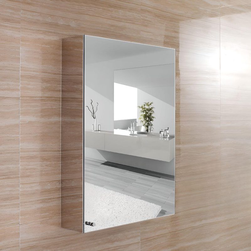 Modern Steel Rectangle Medicine Cabinet in Silver with 3 Shelves, Specular Mirror & Rainproof, 18"L x 5"W x 26"H, Right-Hand Door