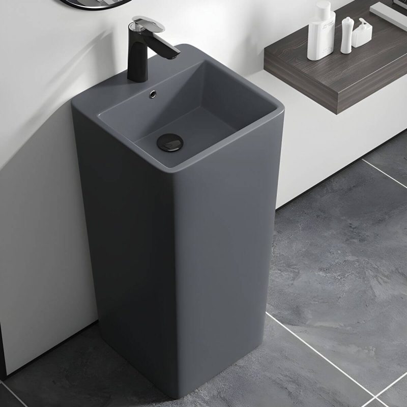 69cm Modern Ceramic Rectangular Pedestal Sink with Supply Lines & Tall Height - Sink with Faucet Grey