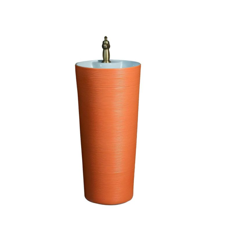 Hand Carved Bathroom Sink Freestanding Faucet Porcelain Pop-Up Drain Round - Sink with Faucet Orange
