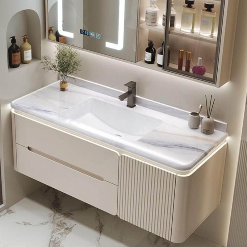 Waterproof Stone Bathroom Vanity with Plug-in 1 Medicine Cabinet, Beige 2 Drawers and Soft Close Door Hinge, Vanity & Faucet & Smart Medicine Cabinet, 31"L x 20"W x 19"H