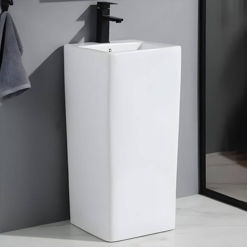 69cm Modern Ceramic Rectangular Pedestal Sink with Supply Lines & Tall Height - Sink with Faucet White