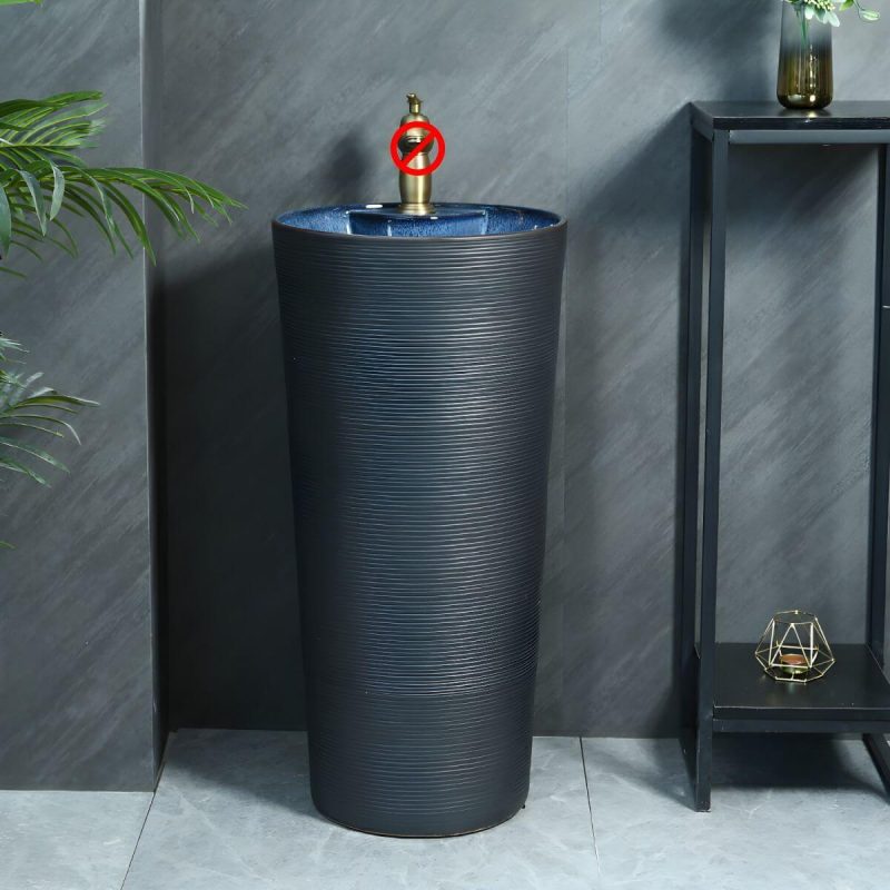 Hand Carved Bathroom Sink Freestanding Faucet Porcelain Pop-Up Drain Round - Sink Navy Blue