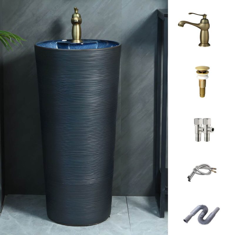 Hand Carved Bathroom Sink Freestanding Faucet Porcelain Pop-Up Drain Round - Sink with Faucet Navy Blue