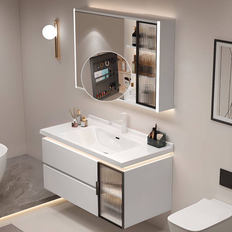 Chalk Waterproof Bathroom Vanity with Soft Close Door Hinge, Plug-in 1 Medicine Cabinet, Backsplash and 2 Drawers, 28"L x 19"W x 20"H, Bathroom Vanity & Faucet & Smart Vanity Mirror Cabinet