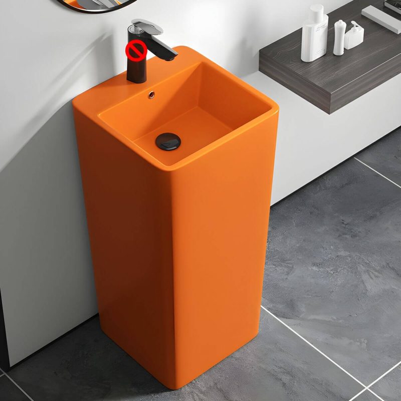 69cm Modern Ceramic Rectangular Pedestal Sink with Supply Lines & Tall Height - Sink Orange
