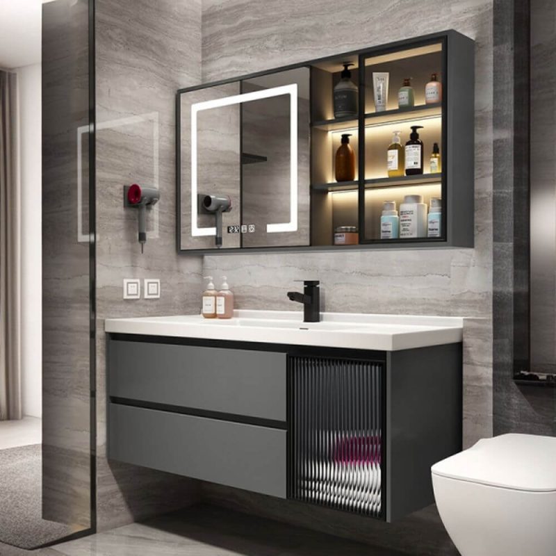 Chalk Spill Proof Rectangle Ceramic Bathroom Vanity with 3 Doors, Gray Base and Backsplash, 39.5"L x 20"W x 20"H, Bathroom Vanity & Faucet & Smart Mirror Cabinet with Glass Door