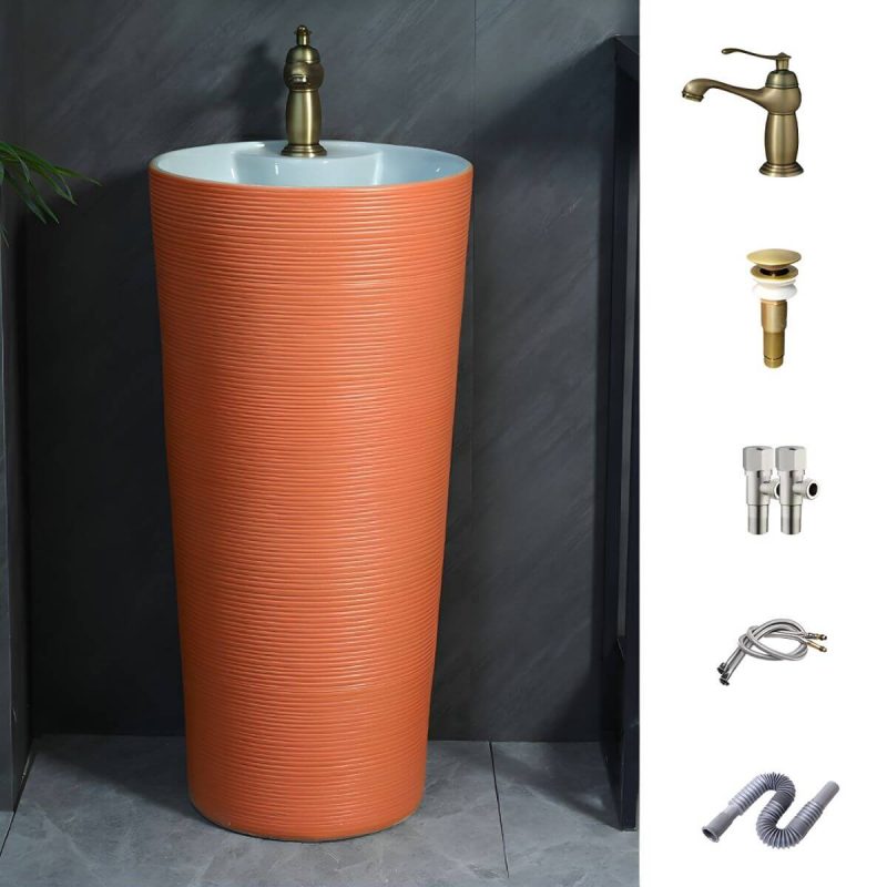 Hand Carved Bathroom Sink Freestanding Faucet Porcelain Pop-Up Drain Round - Sink with Faucet Orange