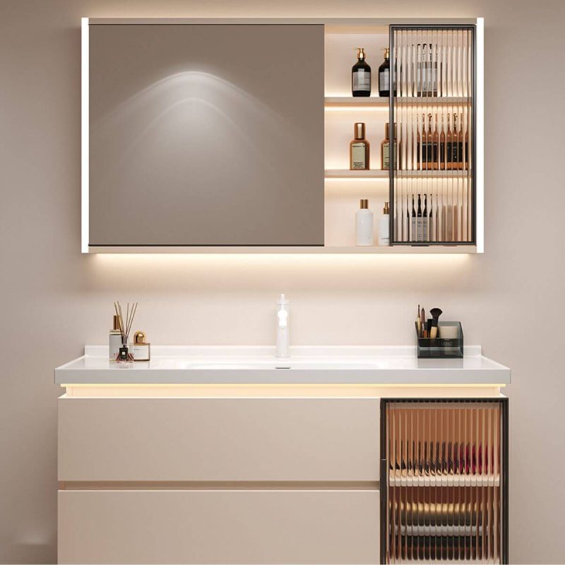 Rainproof White Bathroom Vanity with Plug-in 1 Medicine Cabinet, Backsplash, 4 Doors and 2 Drawers, Gray, 40"L x 19"W x 20"H, Vanity & Faucet & Smart Half Mirror Cabinet