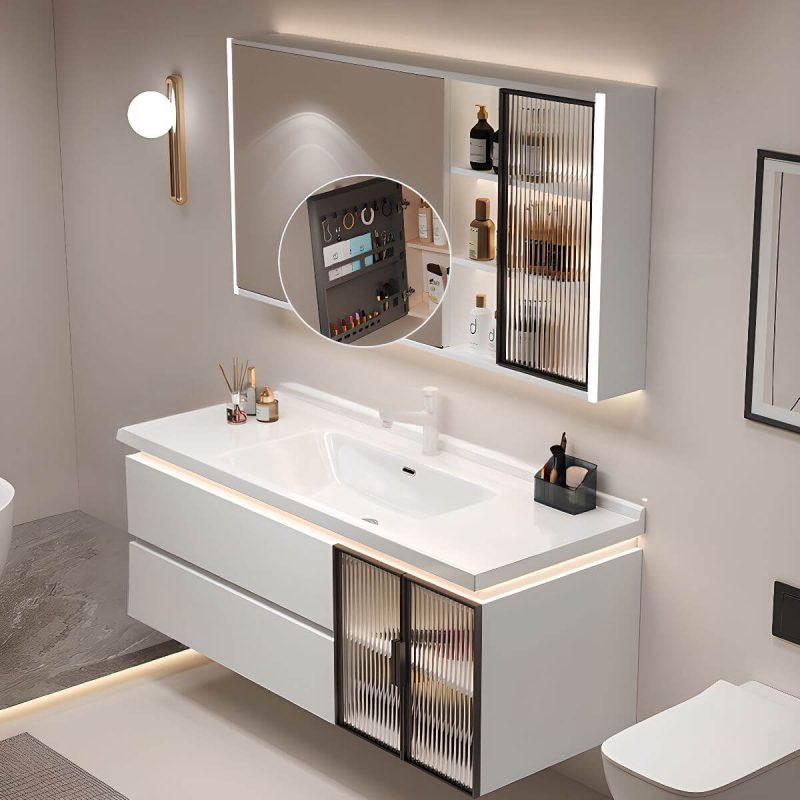 White Backsplash Bathroom Vanity with Plug-in 1 Medicine Cabinet, 4 Doors and White 2 Drawers, 48"L x 19"W x 20"H, Bathroom Vanity & Faucet & Smart Vanity Mirror Cabinet