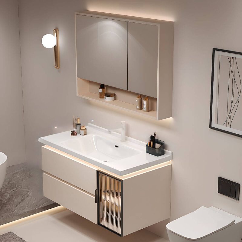 White Bathroom Vanity with White Faucet, Backsplash, 2 Drawers, Plug-in Medicine Cabinet, and Water-resistant Durability, 32"L x 19"W x 20"H, Vanity & Faucet & Smart Half Mirror Cabinet, Cream