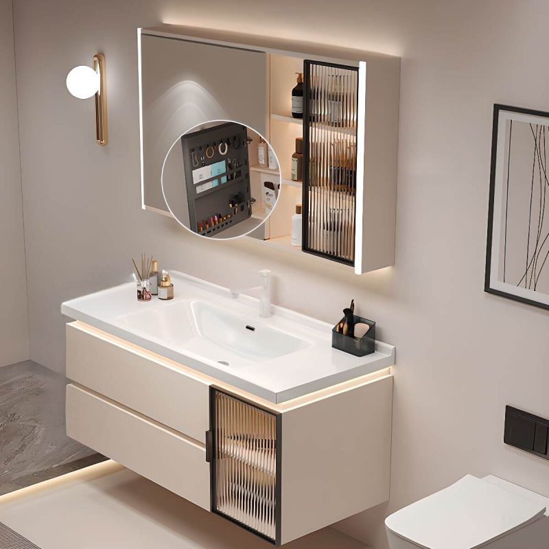 Rainproof White Bathroom Vanity with Plug-in 1 Medicine Cabinet, Backsplash, 2 Drawers and Soft Close Door Hinge, 40"L x 19"W x 20"H, Bathroom Vanity & Faucet & Smart Vanity Mirror Cabinet, Cream