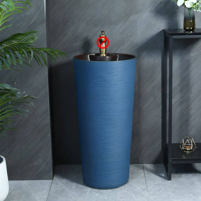 Hand Carved Bathroom Sink Freestanding Faucet Porcelain Pop-Up Drain Round - Sink Royal Blue
