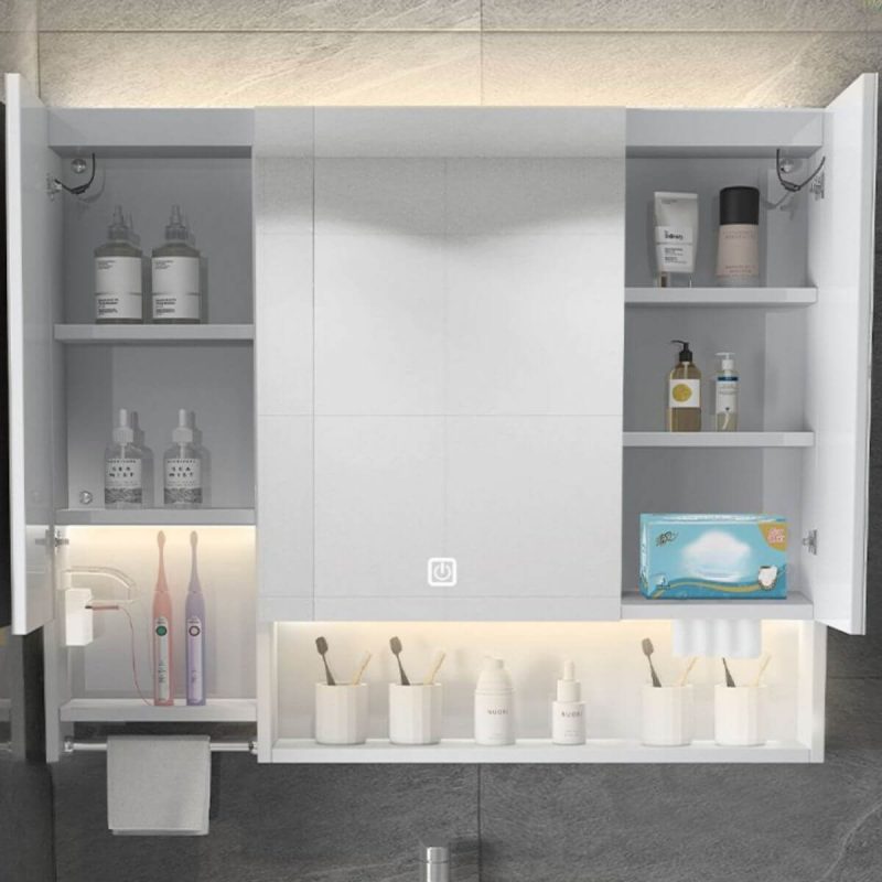 Medicine Cabinet with USB Outlet, 8 Shelves, Stainless Steel White Finish, Illumination Light, Rectangle Shape, and Hydrophobic Resistance, 39"L x 5"W x 35"H