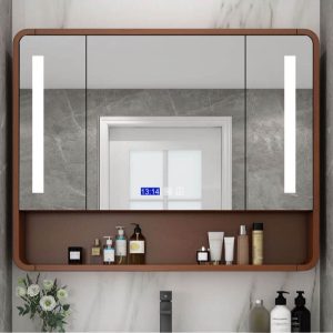 Brown Medicine Cabinet with 5 Shelves, Illumination Light, Rectangle Shape, Hydrophobic Resistance, Plug-in, and Mirroring, 39"L x 6"W x 31"H
