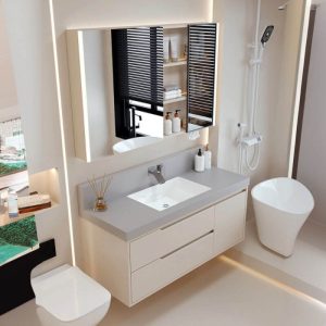 Cream Bathroom Vanity with Silver Faucet, Sintered Stone Countertop, 4 Doors, 1 Medicine Cabinet, Shelf, and Plug-in, Vanity & Faucet & Smart Medicine Cabinet