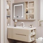 Minimalist Bathroom Vanity with White Faucet, Beige Base, 3 Doors, White Ceramic Rectangular Sink, 32"L x 20"W x 20"H, Bathroom Vanity & Faucet & Smart Vanity Mirror Cabinet