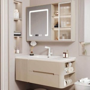 Minimalist Bathroom Vanity with White Faucet, Beige Base, 3 Doors, White Ceramic Rectangular Sink, 32"L x 20"W x 20"H, Bathroom Vanity & Faucet & Smart Vanity Mirror Cabinet