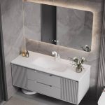 Stain Resistant Bathroom Vanity with Sintered Stone Sink, 1 Mirror, Chalk Faucet, Plug-in, 1 Medicine Cabinet, and 2 Drawers, 35.5"L x 22"W x 20"H, Vanity & Faucet & Smart Mirror