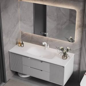 Stain Resistant Bathroom Vanity with Sintered Stone Sink, 1 Mirror, Chalk Faucet, Plug-in, 1 Medicine Cabinet, and 2 Drawers, 35.5"L x 22"W x 20"H, Vanity & Faucet & Smart Mirror