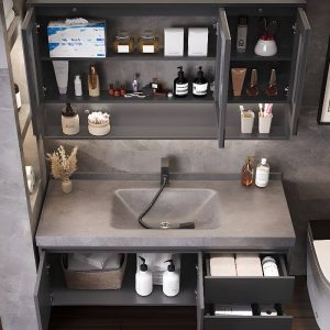 Sintered Stone Dove Grey Bathroom Vanity with Plug-in 1 Medicine Cabinet, Backsplash, 4 Doors and 2 Drawers, 47.2"L x 19.7"W x 18.1"H, Bathroom Vanity & Faucet & Smart Mirror Cabinet with Glass Door