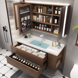 Watertight Sepia Bathroom Vanity with Chalk Faucet, 2 Drawers, Backsplash, and Plug-in Feature, Bathroom Vanity & Faucet & Smart Vanity Mirror Cabinet, 47"L x 20"W x 20"H